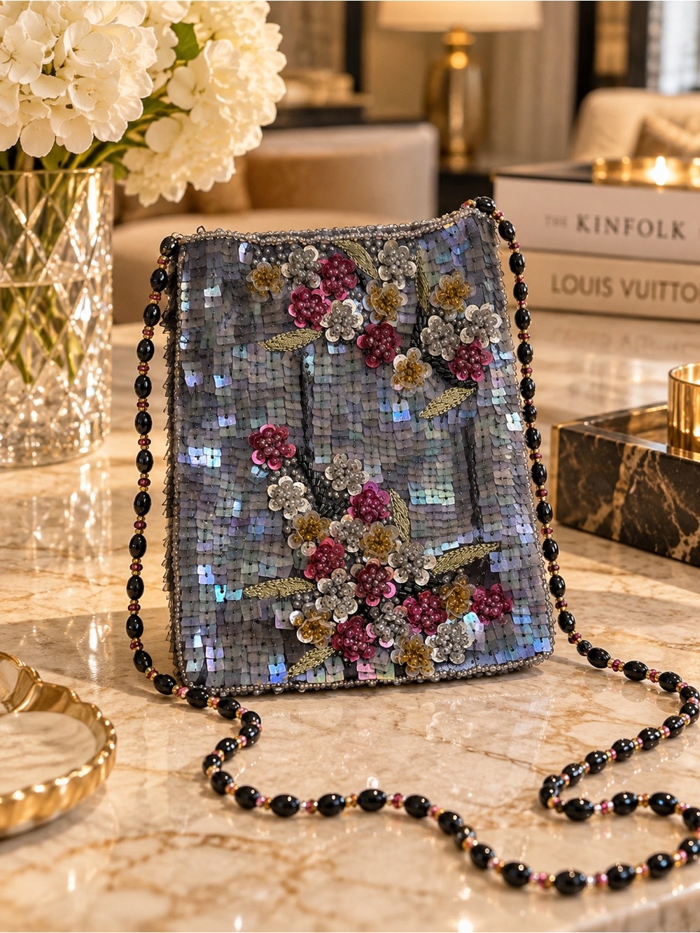 MOYNA Iridescent Sequin Floral Beaded Evening Bag Crossbody Purse